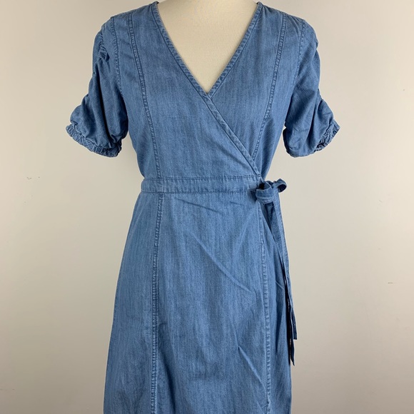 Madewell Denim Shirred-Sleeve Wrap Dress Chambray - Picture 7 of 8